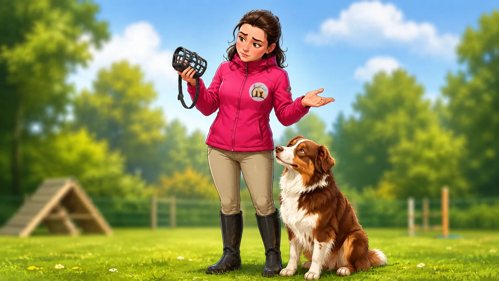 Illustration d’une éducatrice canine perplexe tenant une muselière devant son chien, en extérieur