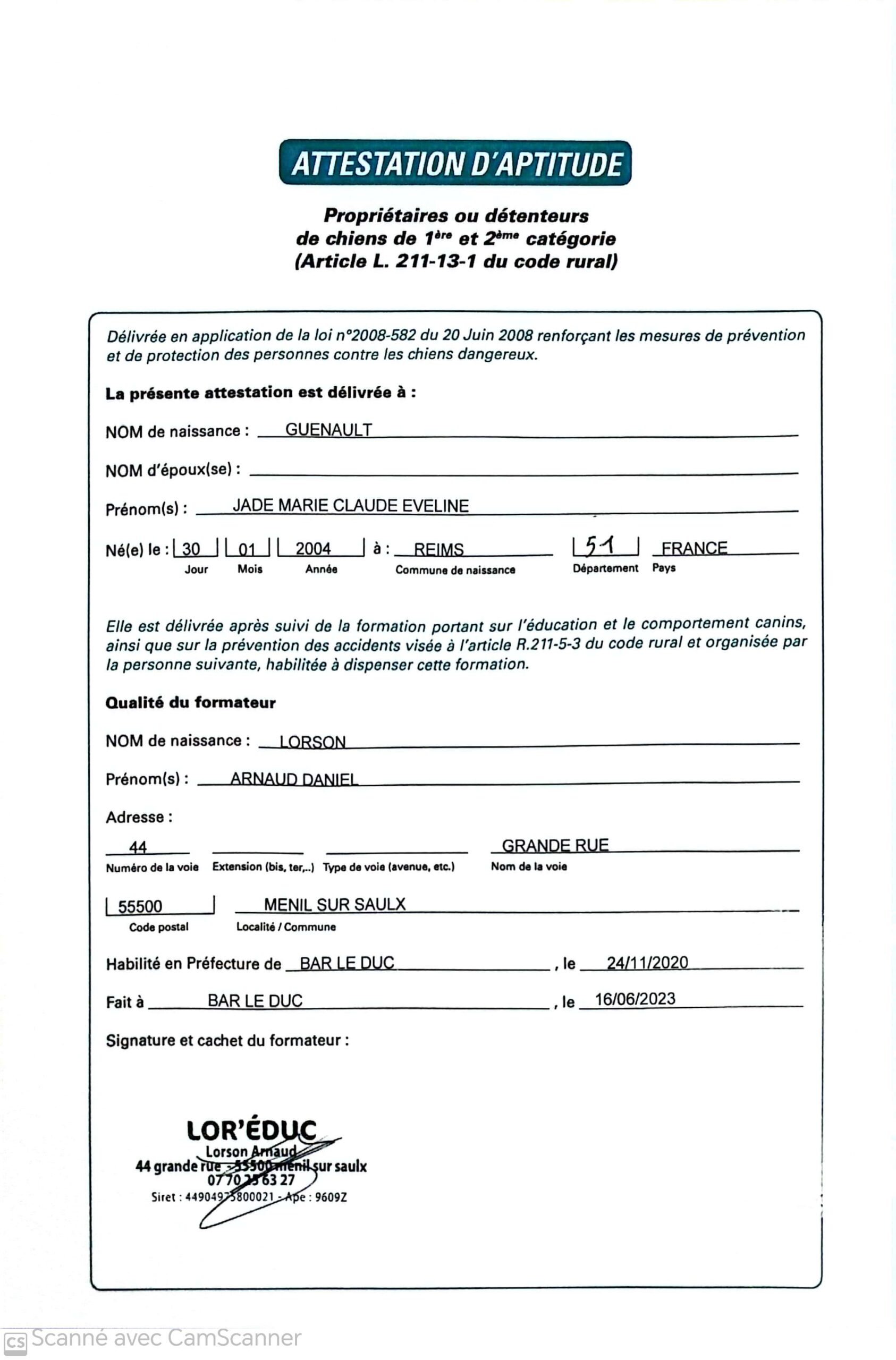 Attestation chiens catégorisés